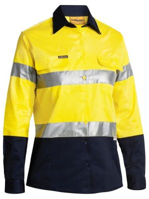 2 Tone Womens Hi Vis Drill Long Sleeve Shirt 3M Reflective Tape - Bisley Safety Wear